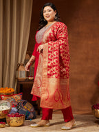 Janasya Women's Plus Size Maroon Silk Blend Zari Embroidered Straight Kurta Set