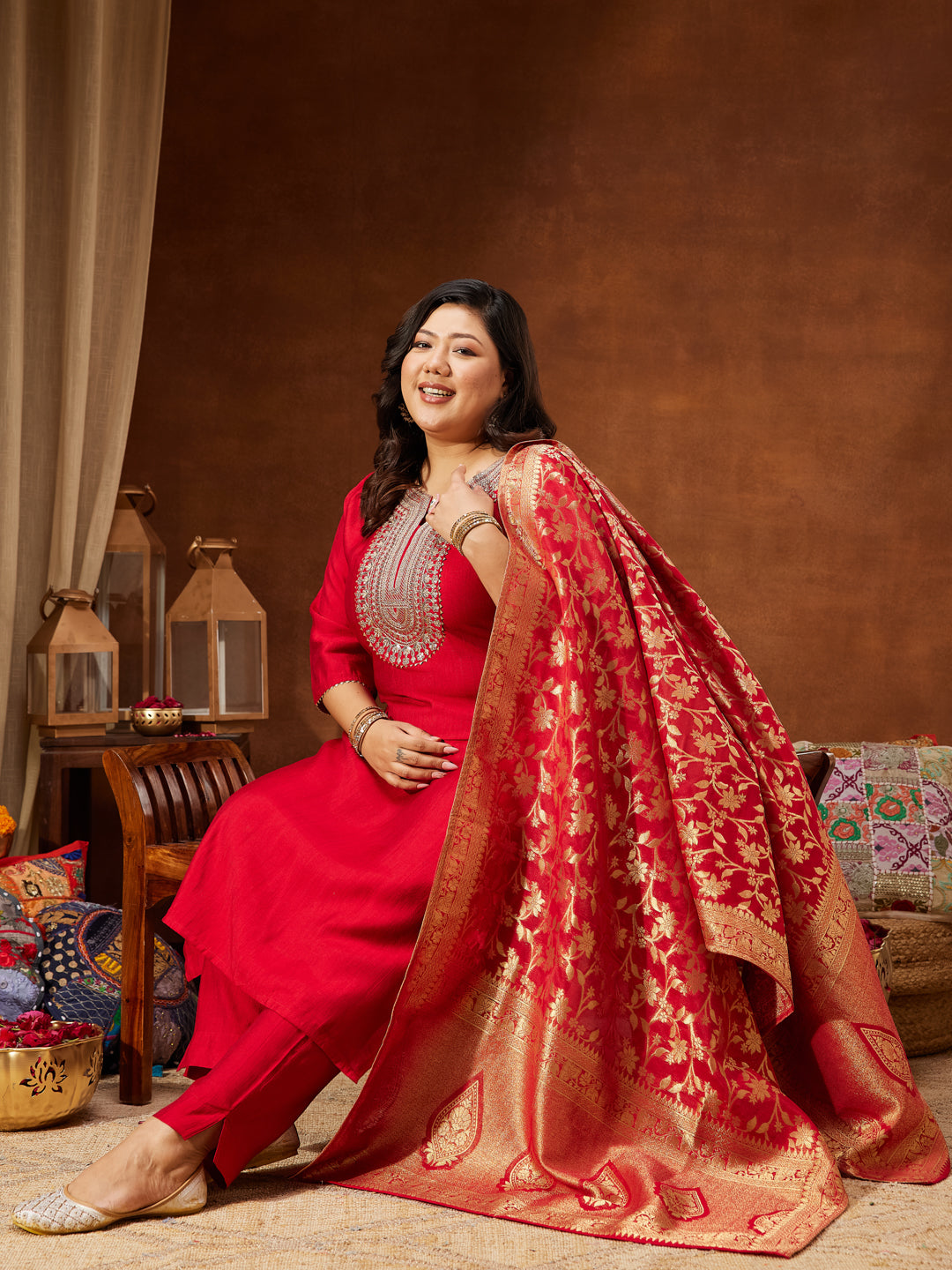 Janasya Women's Plus Size Maroon Silk Blend Zari Embroidered Straight Kurta Set - qivii