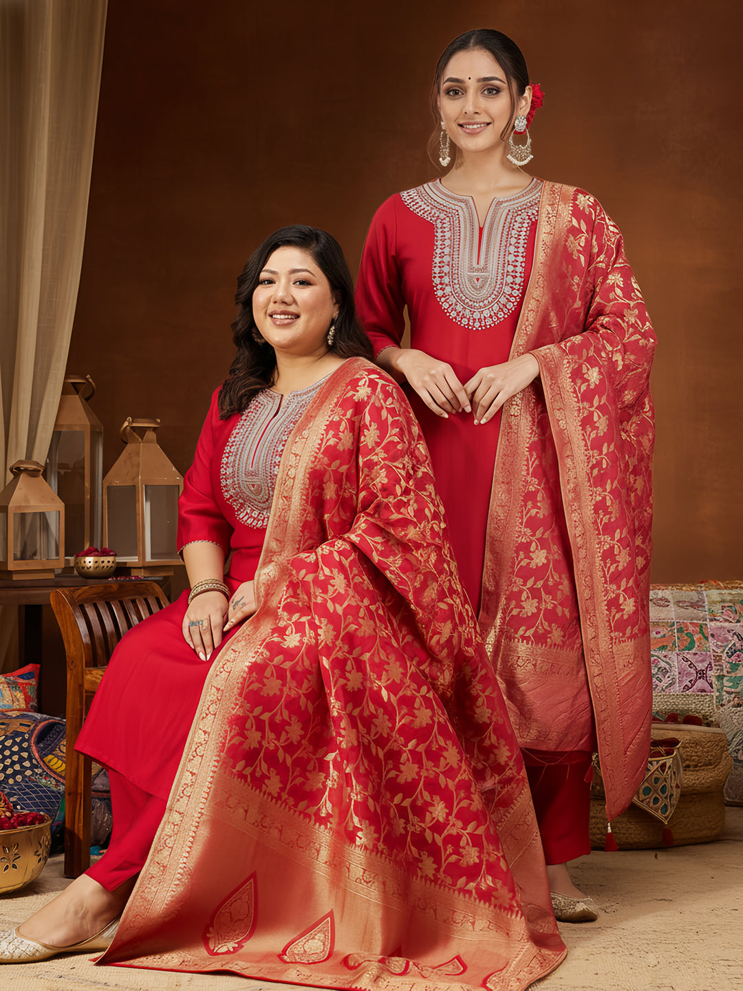 Janasya Women's Maroon Silk Blend Zari Embroidered Straight Kurta Set - qivii