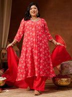 Janasya Women's Plus Size Red Georgette Embellished Floral Printed A-line Kurta Set