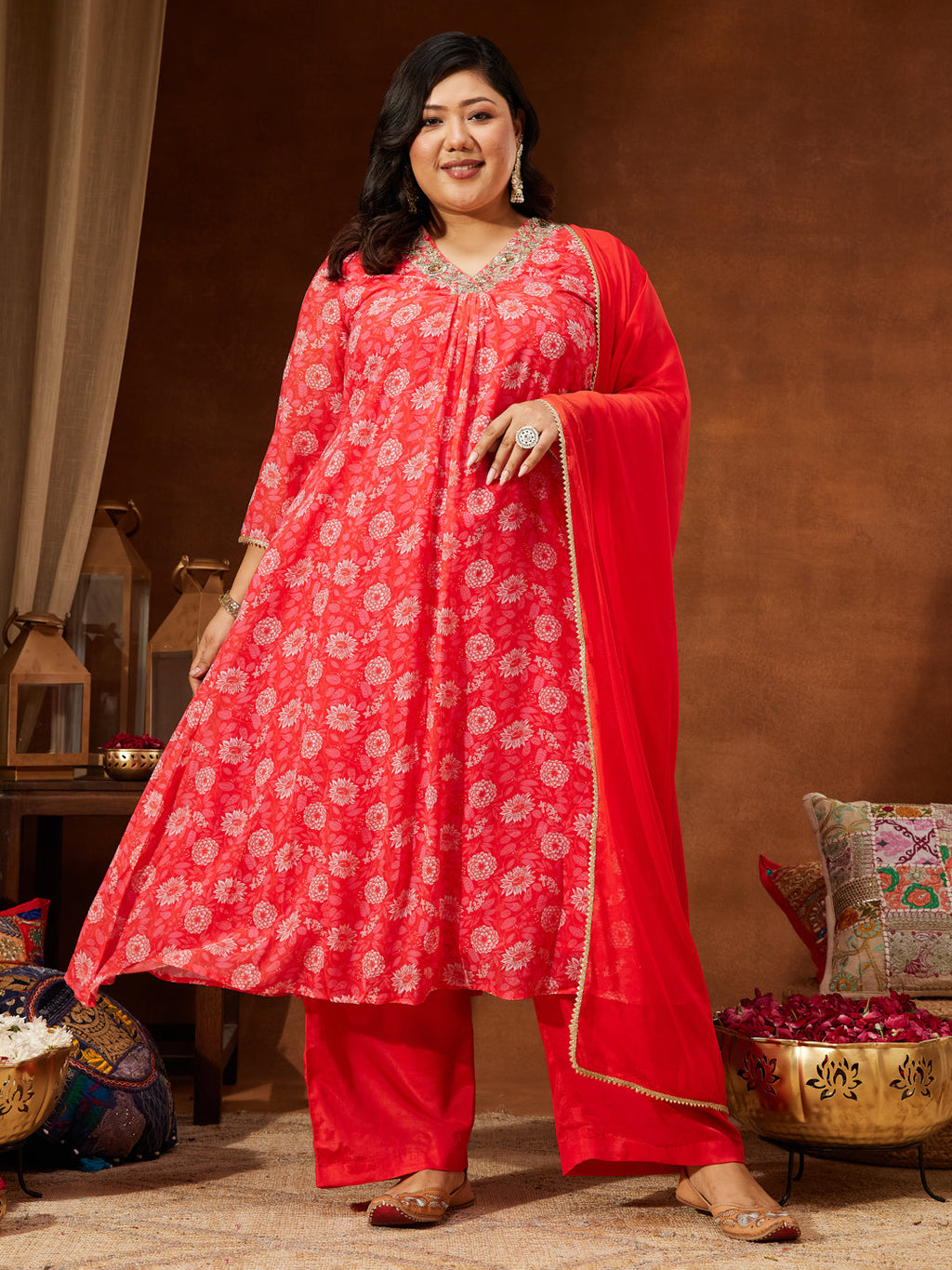 Janasya Women's Plus Size Red Georgette Embellished Floral Printed A-line Kurta Set