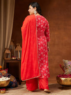 Janasya Women's Plus Size Red Georgette Embellished Floral Printed A-line Kurta Set