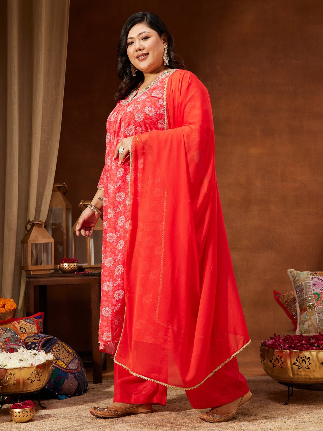 Janasya Women's Plus Size Red Georgette Embellished Floral Printed A-line Kurta Set - qivii