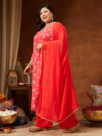 Janasya Women's Plus Size Red Georgette Embellished Floral Printed A-line Kurta Set