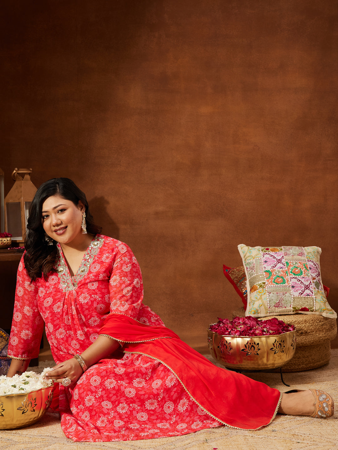 Janasya Women's Plus Size Red Georgette Embellished Floral Printed A-line Kurta Set