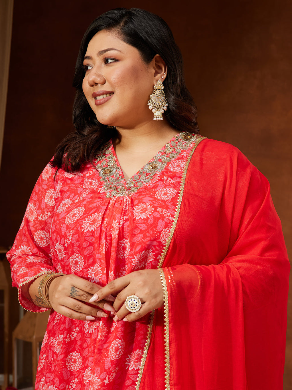 Janasya Women's Plus Size Red Georgette Embellished Floral Printed A-line Kurta Set