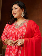 Janasya Women's Plus Size Red Georgette Embellished Floral Printed A-line Kurta Set