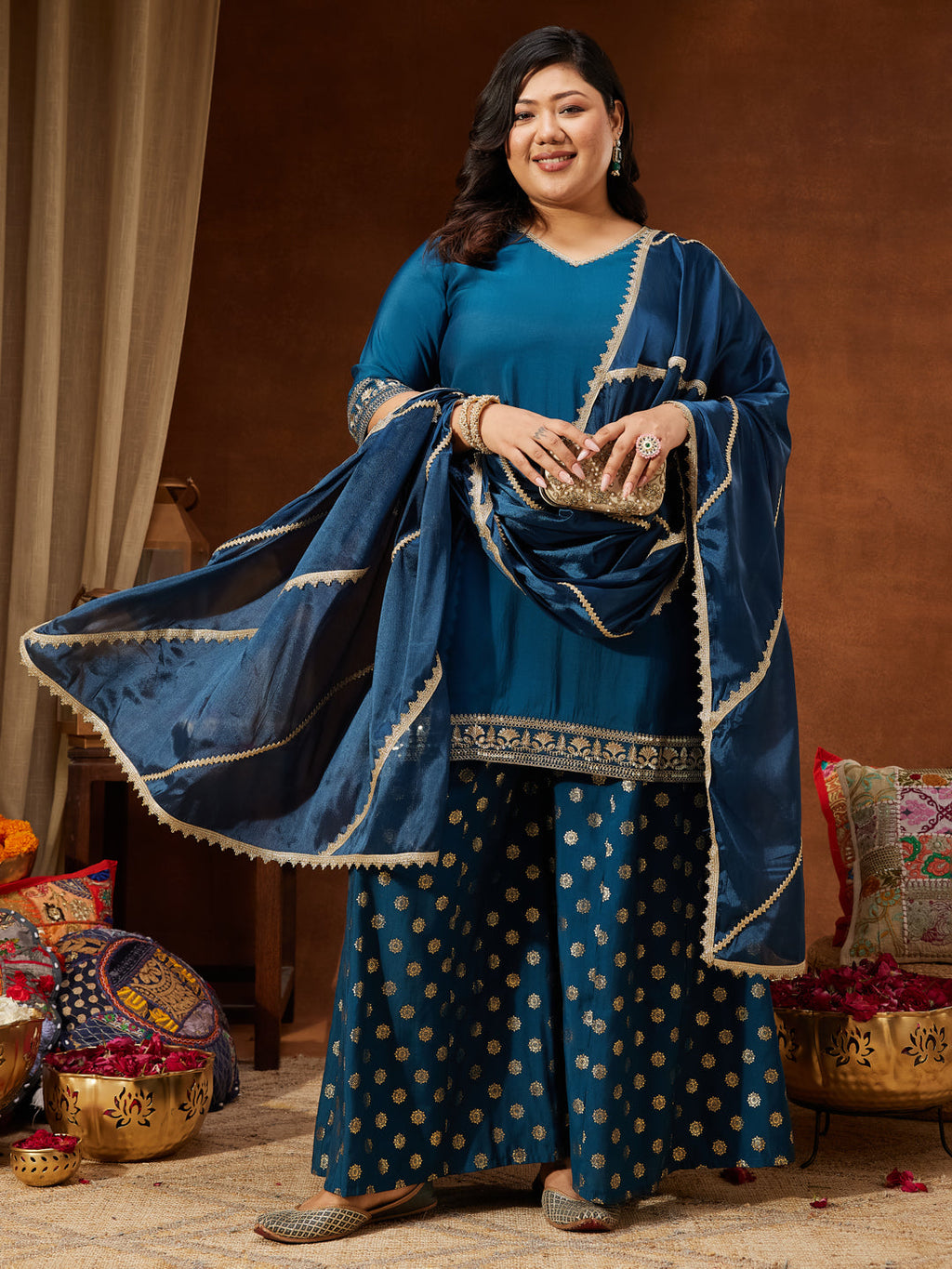 Janasya Women's Teal Blue Chanderi Silk Embellished Straight Kurta With Palazzo & Dupatta Set