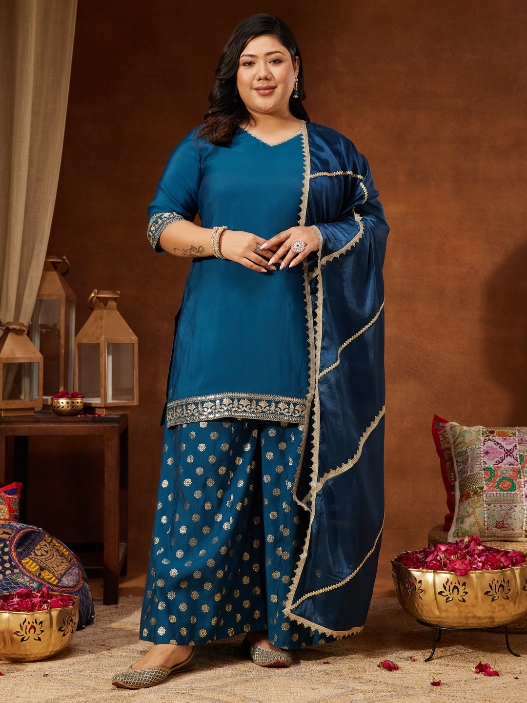 Janasya Women's Teal Blue Chanderi Silk Embellished Straight Kurta With Palazzo & Dupatta Set - qivii