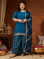 Janasya Women's Teal Blue Chanderi Silk Embellished Straight Kurta With Palazzo & Dupatta Set