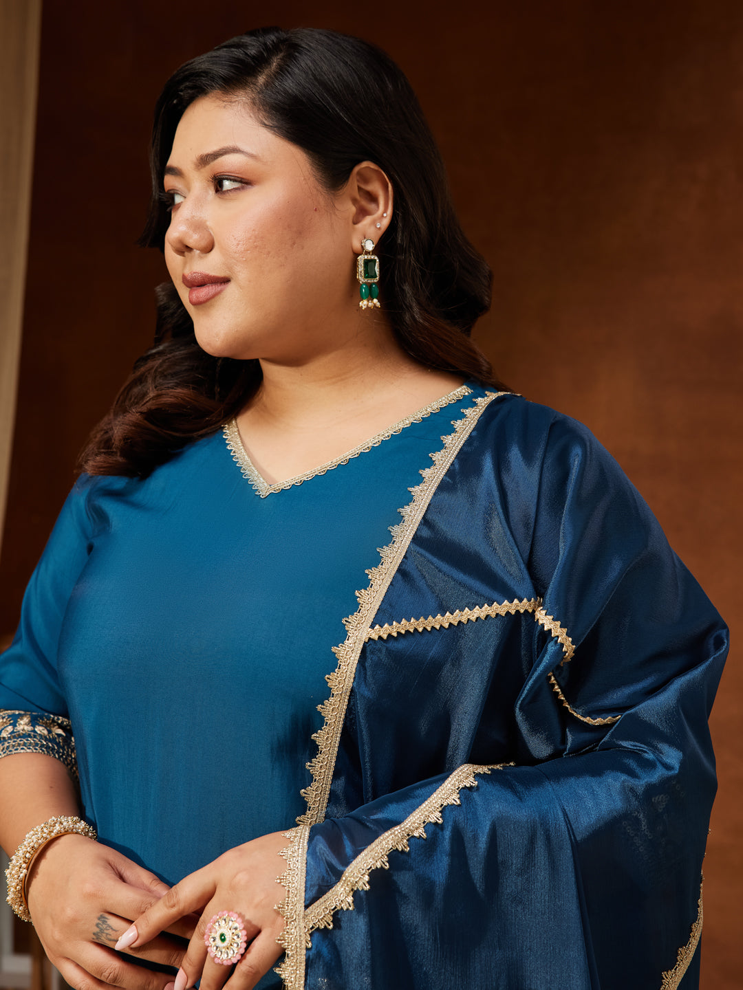 Janasya Women's Teal Blue Chanderi Silk Embellished Straight Kurta With Palazzo & Dupatta Set