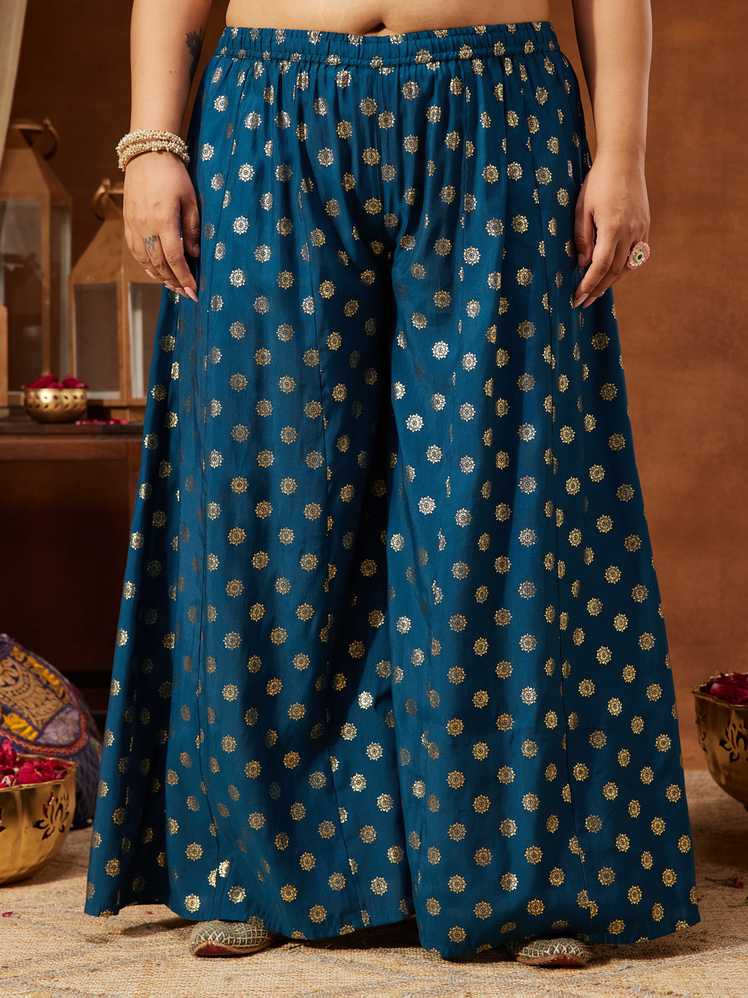 Janasya Women's Teal Blue Chanderi Silk Embellished Straight Kurta With Palazzo & Dupatta Set