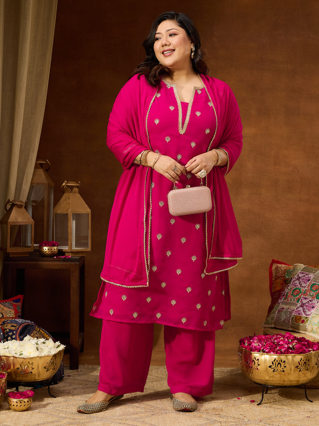 Janasya Women's Plus Size Pink Georgette Embellished Sraight Kurta With Palazzo & Dupatta Set