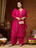 Janasya Women's Plus Size Pink Georgette Embellished Sraight Kurta With Palazzo & Dupatta Set