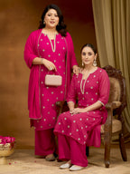 Janasya Women's Plus Size Pink Georgette Embellished Sraight Kurta With Palazzo & Dupatta Set