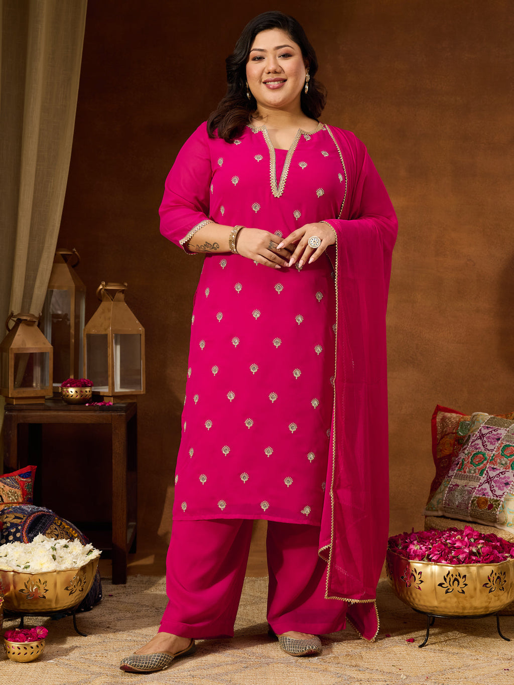 Janasya Women's Plus Size Pink Georgette Embellished Sraight Kurta With Palazzo & Dupatta Set