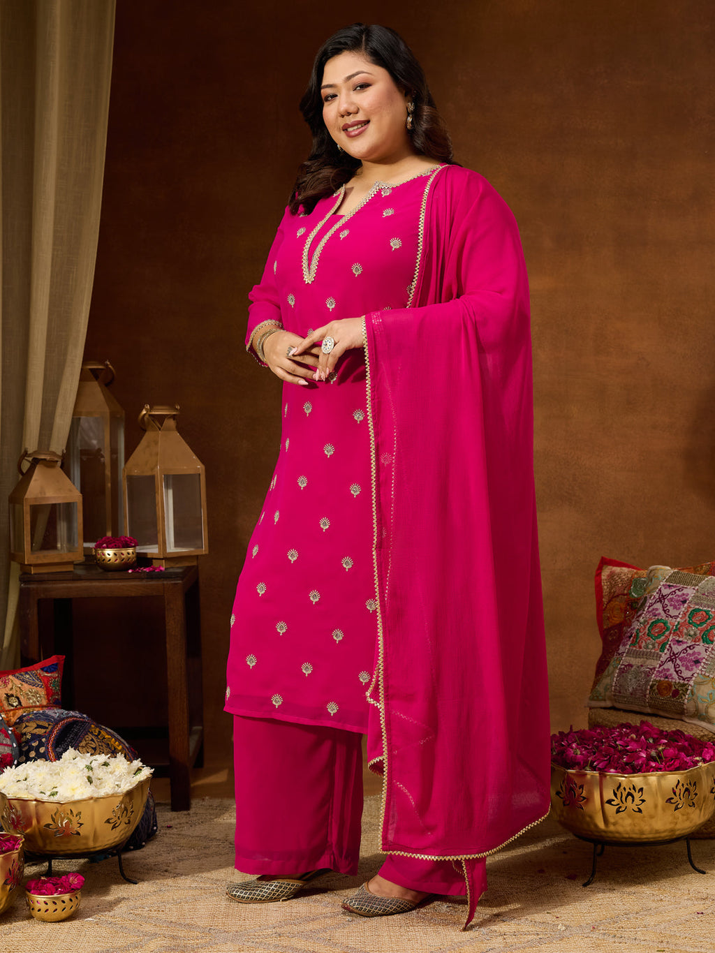 Janasya Women's Plus Size Pink Georgette Embellished Sraight Kurta With Palazzo & Dupatta Set