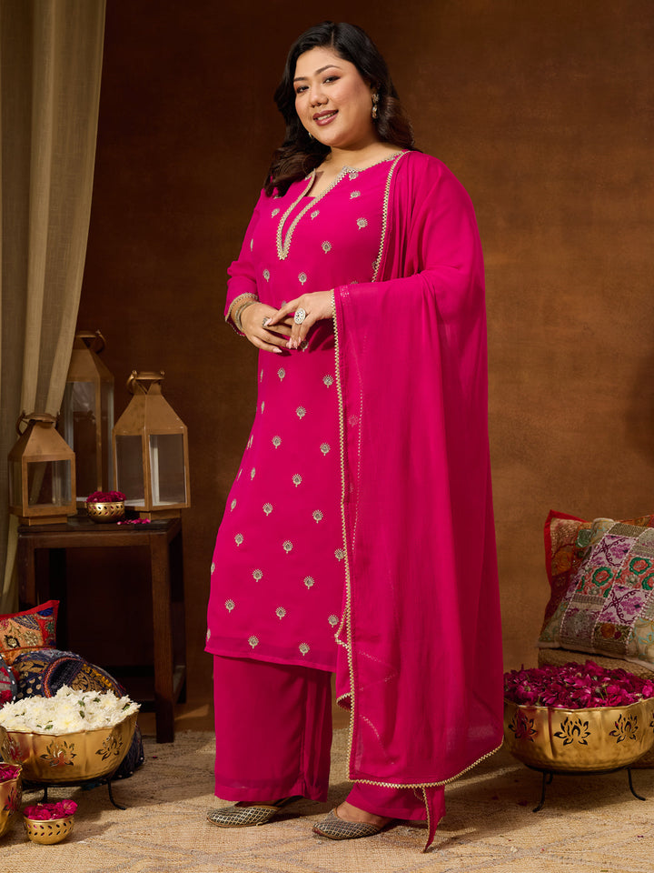 Janasya Women's Plus Size Pink Georgette Embellished Sraight Kurta With Palazzo & Dupatta Set - qivii