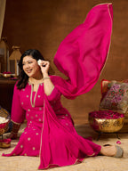 Janasya Women's Plus Size Pink Georgette Embellished Sraight Kurta With Palazzo & Dupatta Set