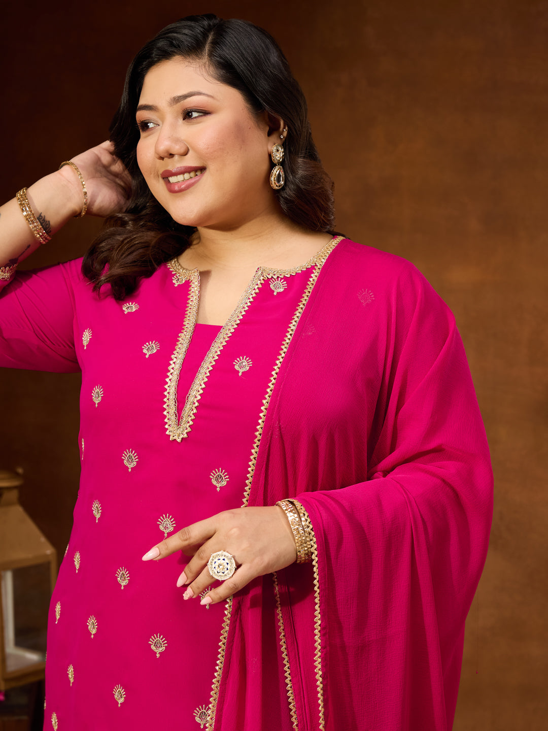 Janasya Women's Plus Size Pink Georgette Embellished Sraight Kurta With Palazzo & Dupatta Set - qivii