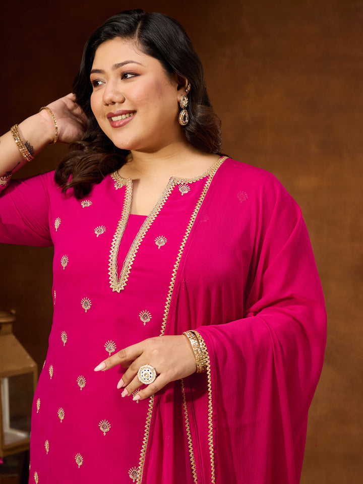 Janasya Women's Plus Size Pink Georgette Embellished Sraight Kurta With Palazzo & Dupatta Set - qivii