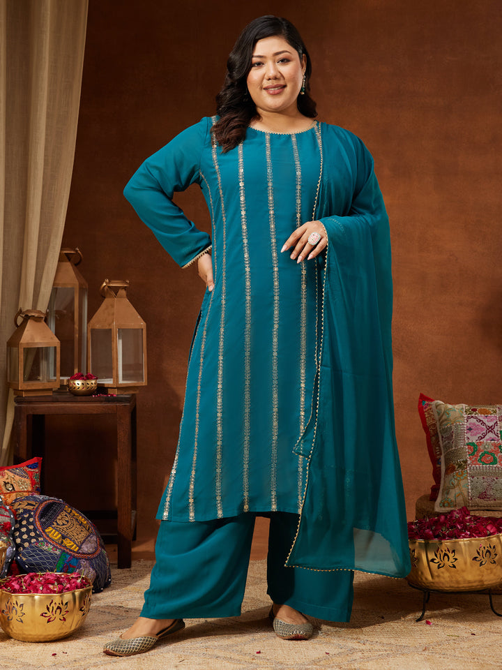 Janasya Women's Plus Size Sea Green Georgette Embellished Straight Kurta With Palazzo & Dupatta Set - qivii