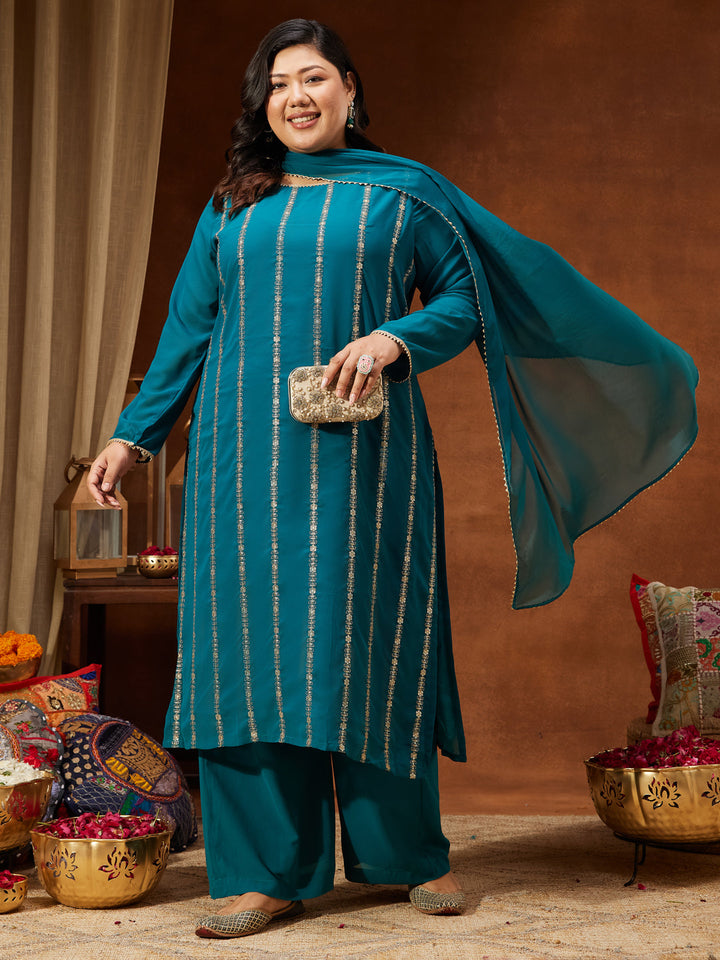 Janasya Women's Plus Size Sea Green Georgette Embellished Straight Kurta With Palazzo & Dupatta Set - qivii