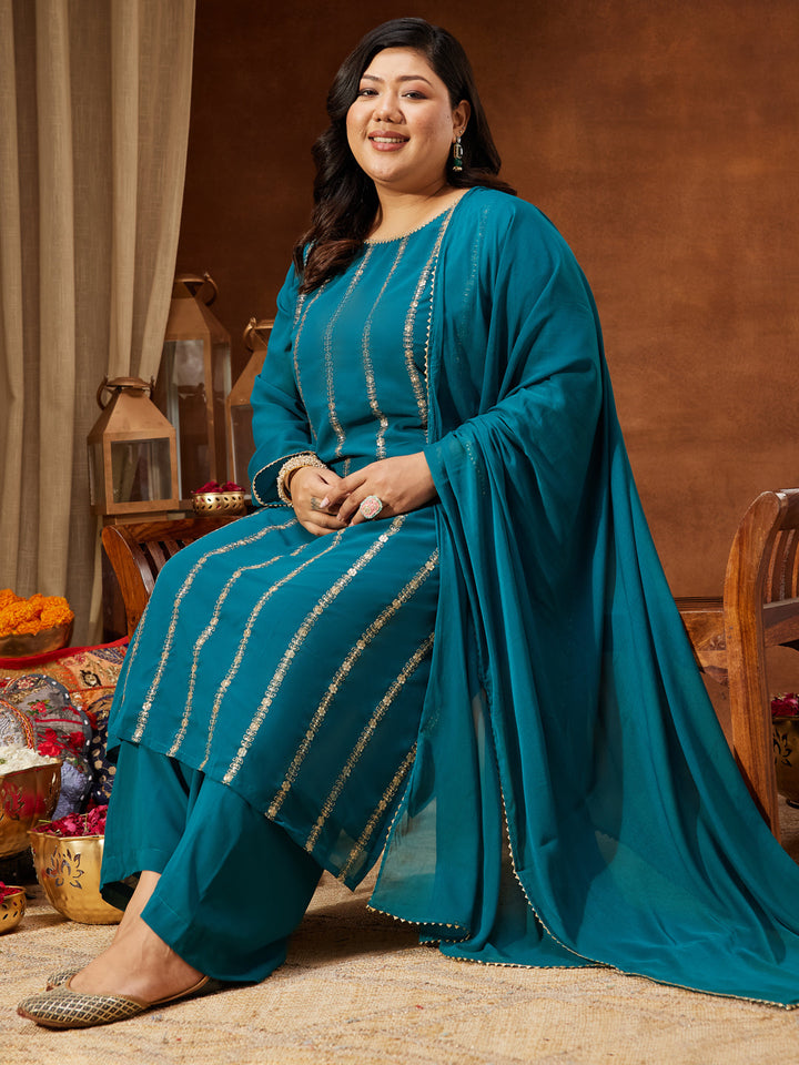 Janasya Women's Plus Size Sea Green Georgette Embellished Straight Kurta With Palazzo & Dupatta Set - qivii