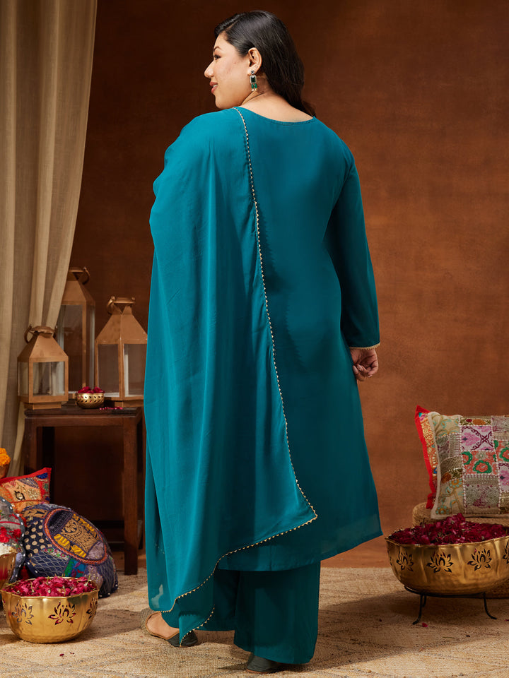Janasya Women's Plus Size Sea Green Georgette Embellished Straight Kurta With Palazzo & Dupatta Set - qivii