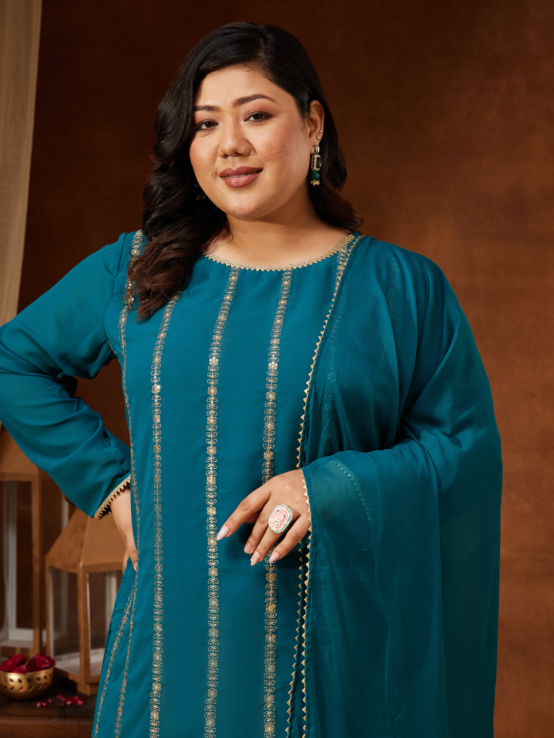 Janasya Women's Plus Size Sea Green Georgette Embellished Straight Kurta With Palazzo & Dupatta Set - qivii