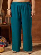 Janasya Women's Plus Size Sea Green Georgette Embellished Straight Kurta With Palazzo & Dupatta Set