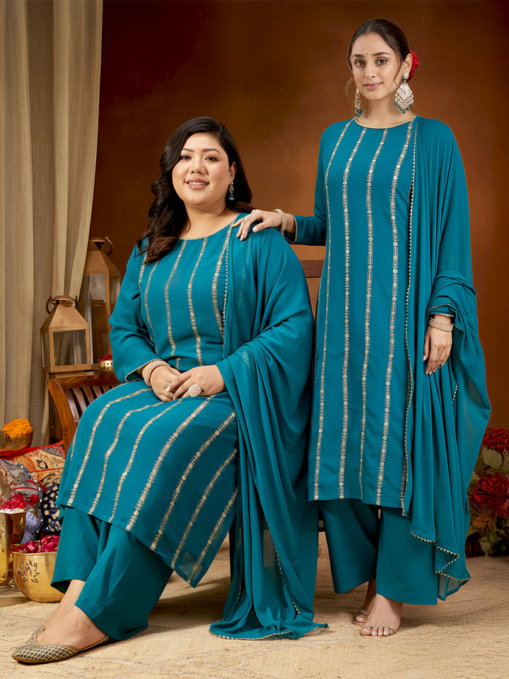 Janasya Women's Plus Size Sea Green Georgette Embellished Straight Kurta With Palazzo & Dupatta Set - qivii
