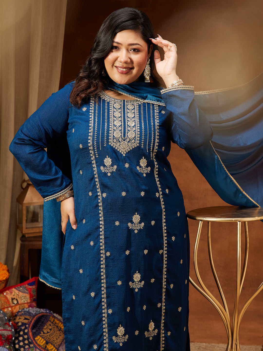 Janasya Women's Plus Size Teal Blue Silk Blend Zari Embroidered Straight Kurta Set