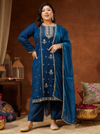 Janasya Women's Plus Size Teal Blue Silk Blend Zari Embroidered Straight Kurta Set