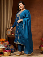 Janasya Women's Plus Size Teal Blue Silk Blend Zari Embroidered Straight Kurta Set