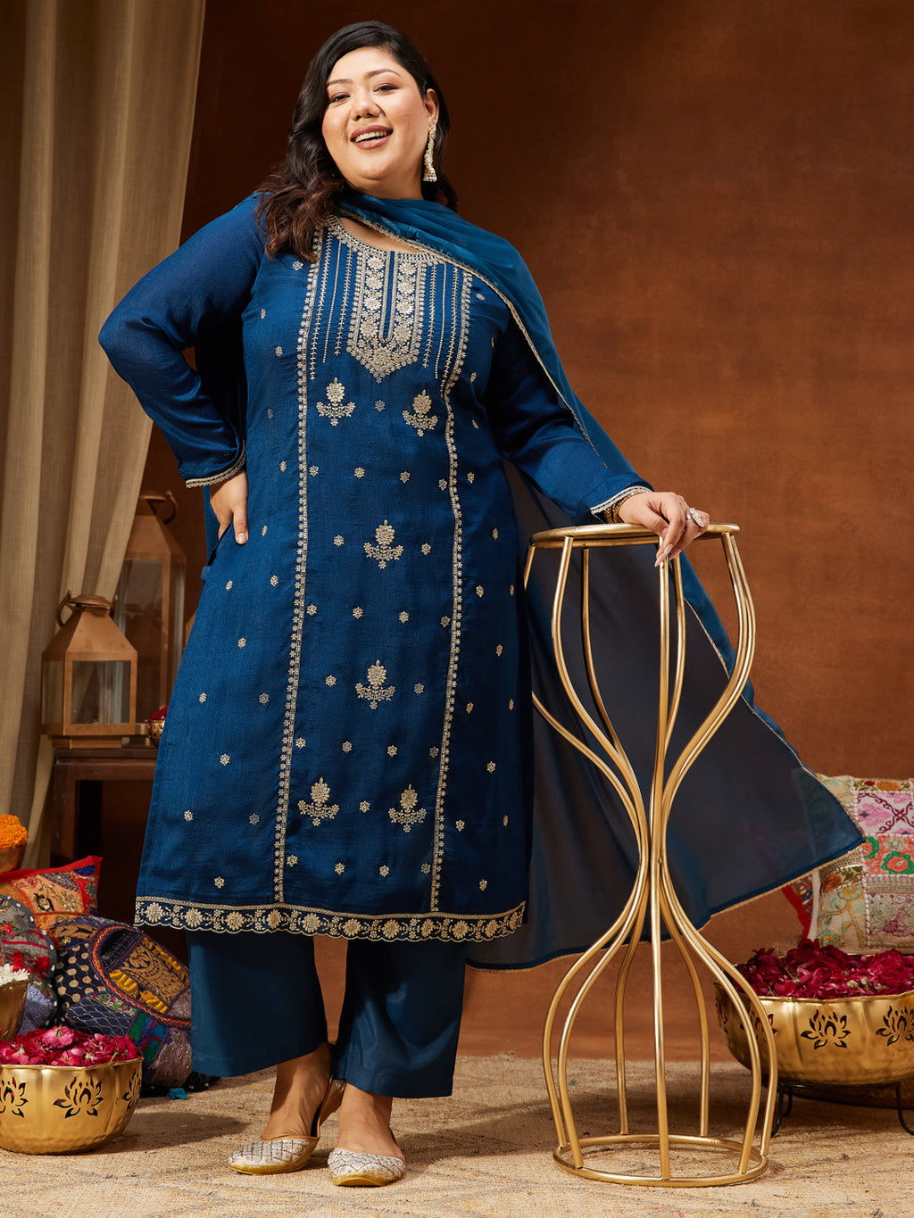 Janasya Women's Plus Size Teal Blue Silk Blend Zari Embroidered Straight Kurta Set