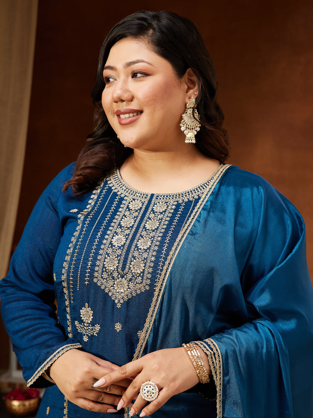 Janasya Women's Plus Size Teal Blue Silk Blend Zari Embroidered Straight Kurta Set