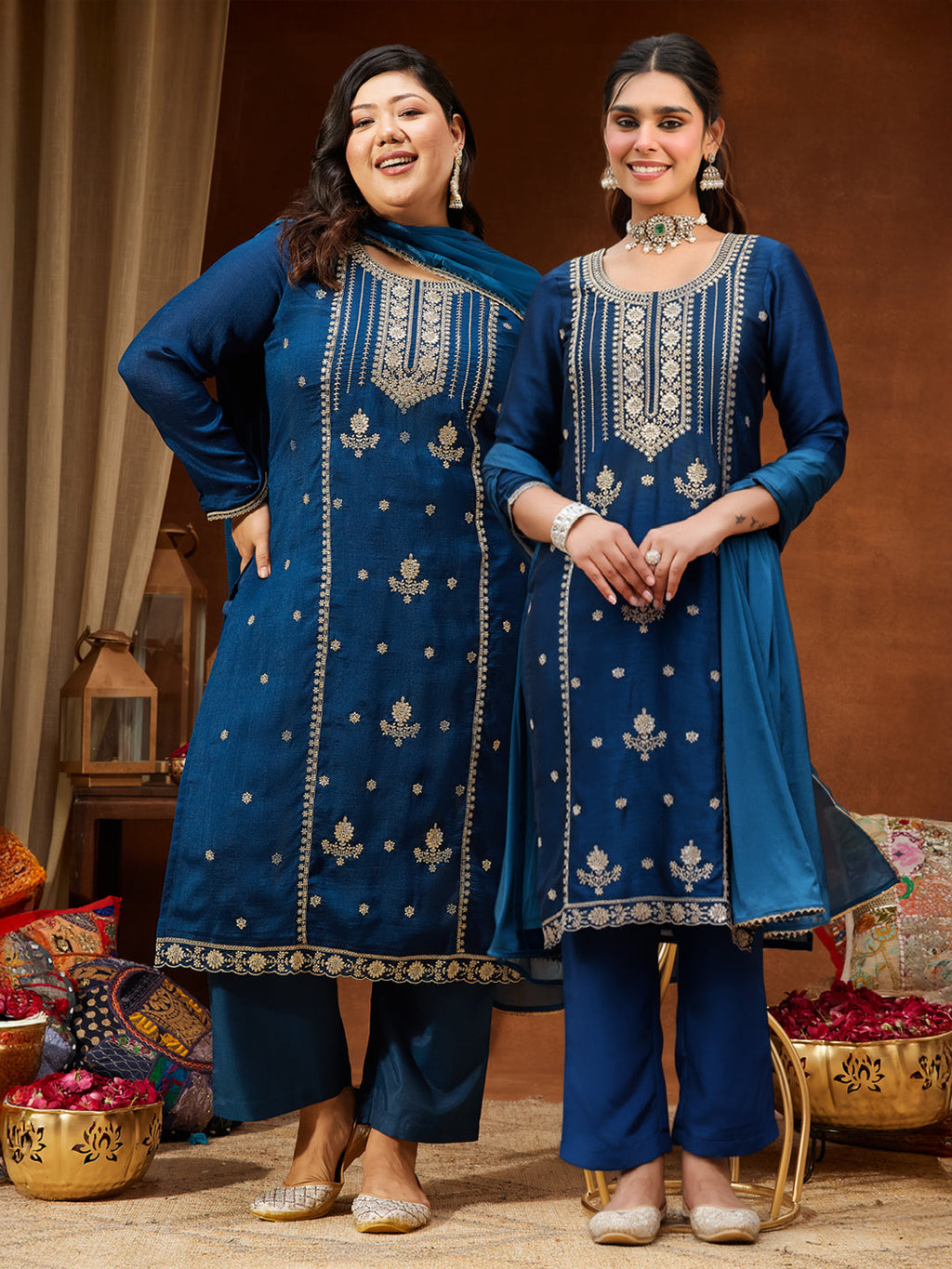 Janasya Women's Teal Blue Silk Blend Zari Embroidered Straight Kurta Set