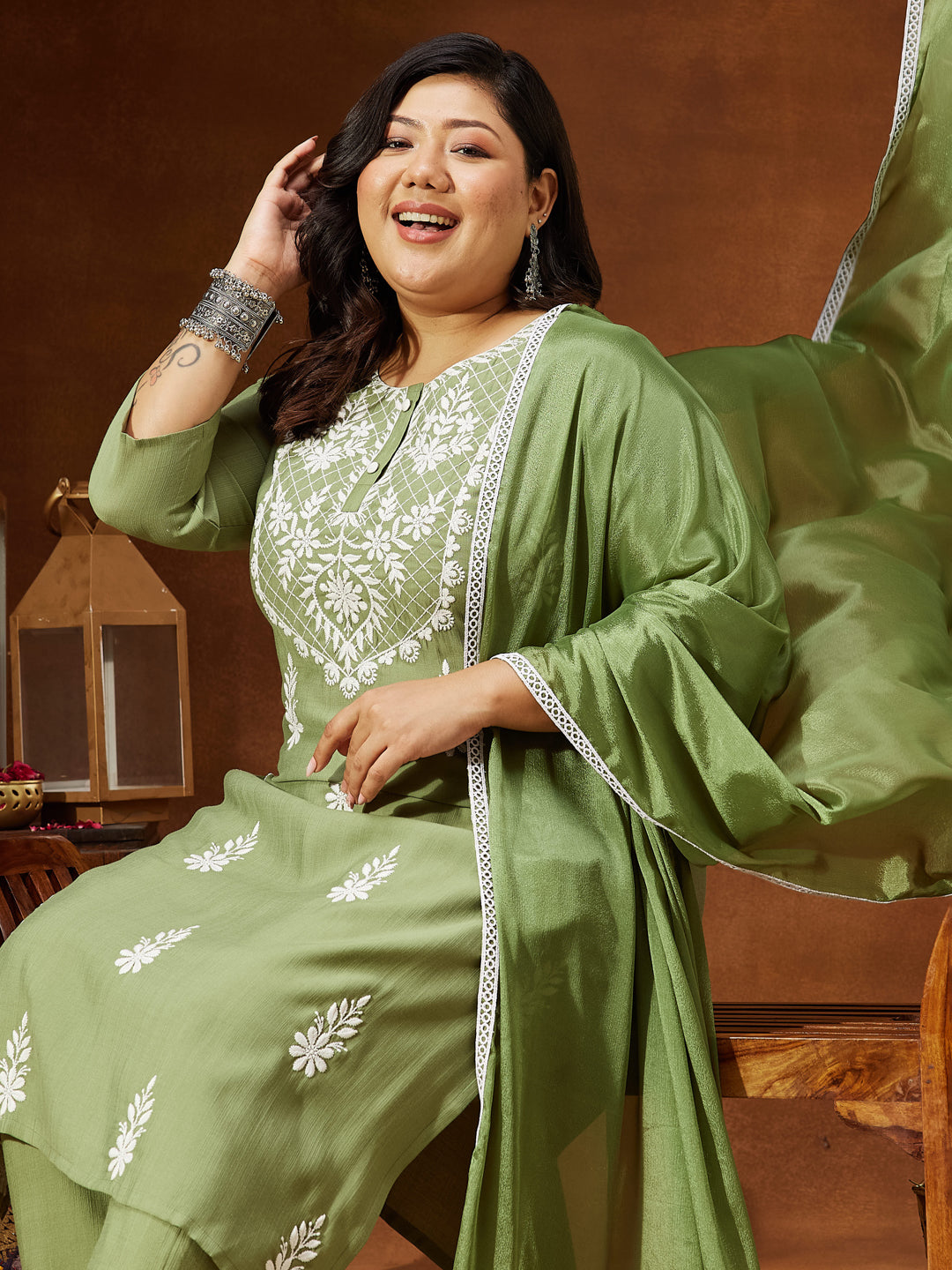 Janasya Women's Plus Size Sage Green Silk Blend Embroidered Straight Kurta Set - qivii