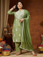 Janasya Women's Plus Size Sage Green Silk Blend Embroidered Straight Kurta Set