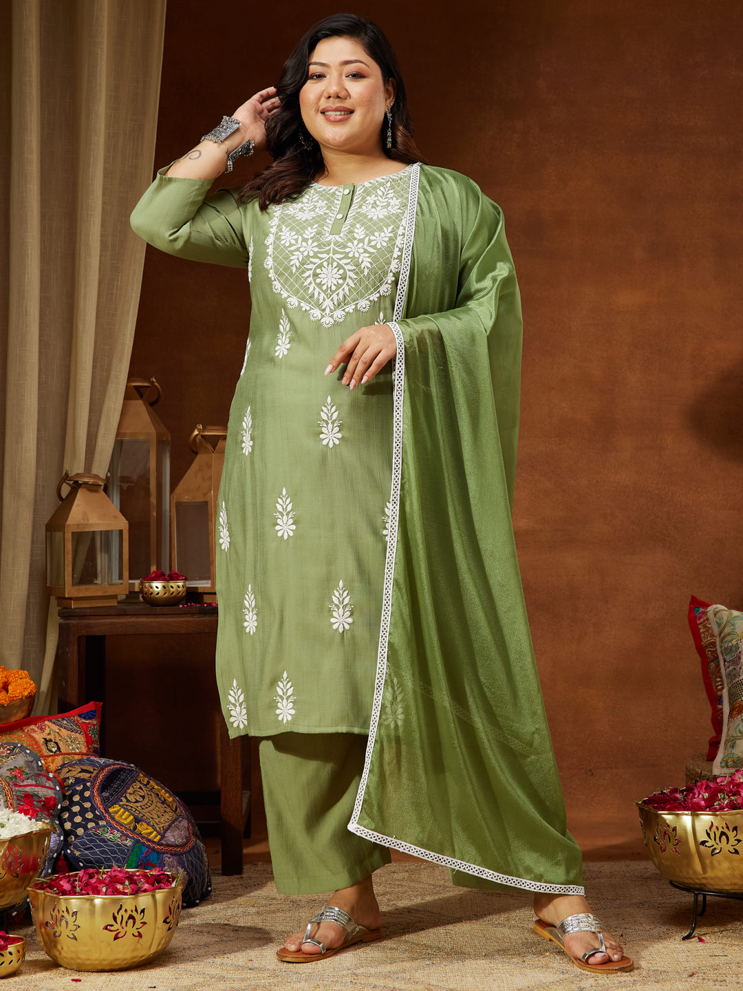 Janasya Women's Plus Size Sage Green Silk Blend Embroidered Straight Kurta Set