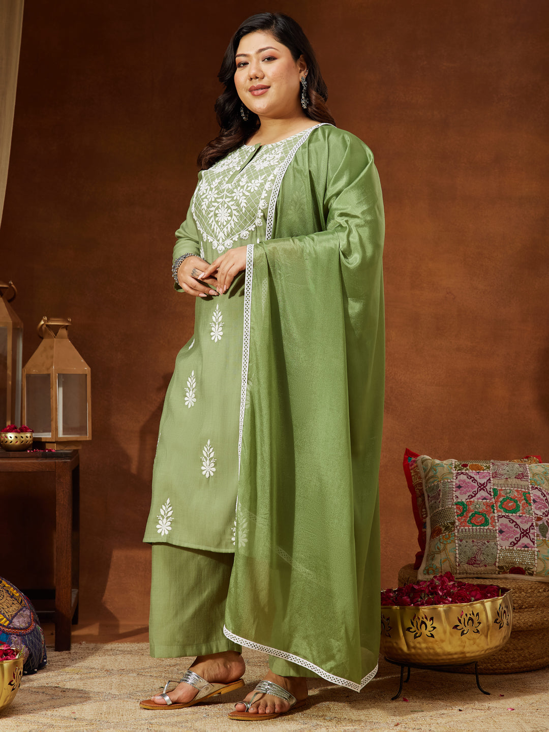 Janasya Women's Plus Size Sage Green Silk Blend Embroidered Straight Kurta Set - qivii