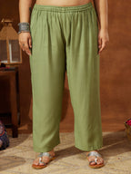 Janasya Women's Plus Size Sage Green Silk Blend Embroidered Straight Kurta Set