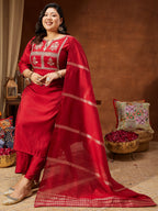 Janasya Women's Maroon Chanderi Silk Yoke Embroidered Straight Kurta Set