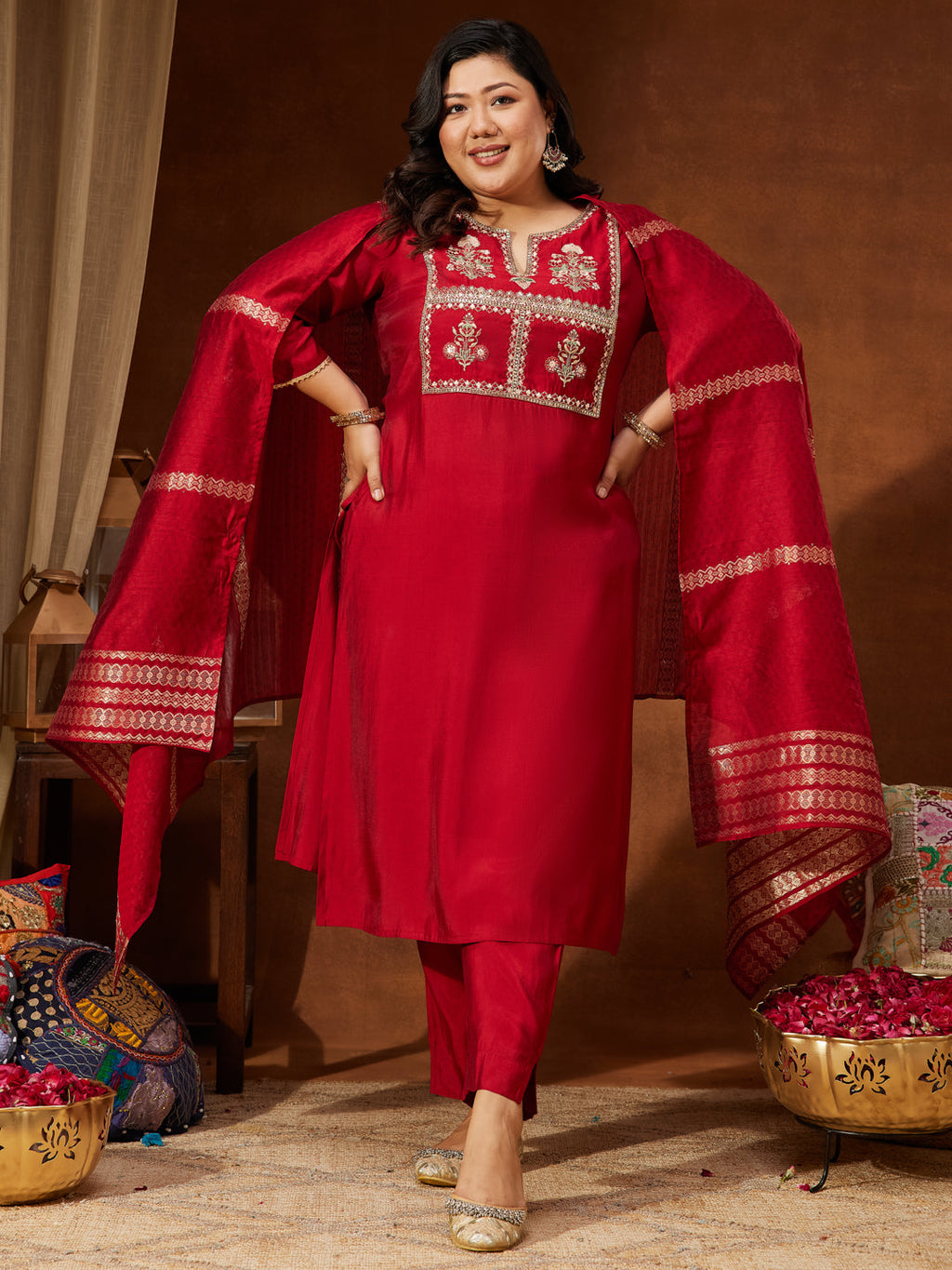 Janasya Women's Maroon Chanderi Silk Yoke Embroidered Straight Kurta Set