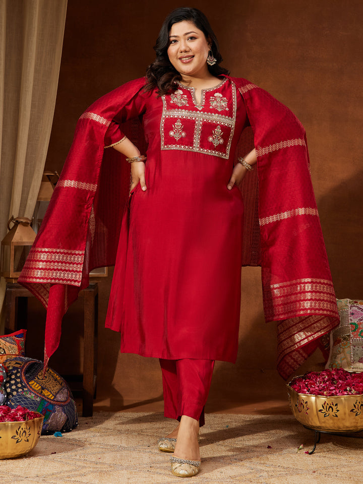 Janasya Women's Maroon Chanderi Silk Yoke Embroidered Straight Kurta Set - qivii