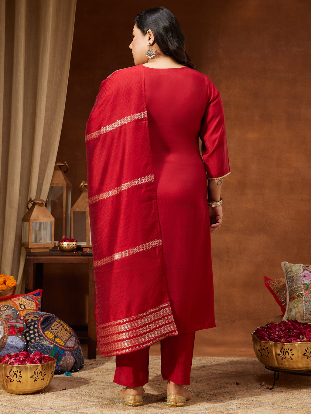 Janasya Women's Maroon Chanderi Silk Yoke Embroidered Straight Kurta Set