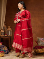 Janasya Women's Maroon Chanderi Silk Yoke Embroidered Straight Kurta Set