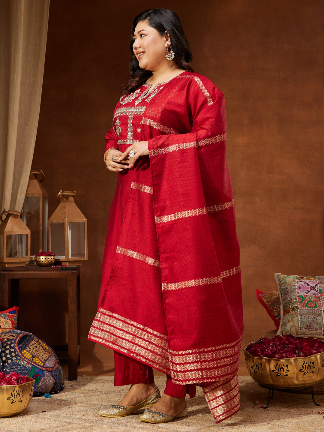 Janasya Women's Maroon Chanderi Silk Yoke Embroidered Straight Kurta Set