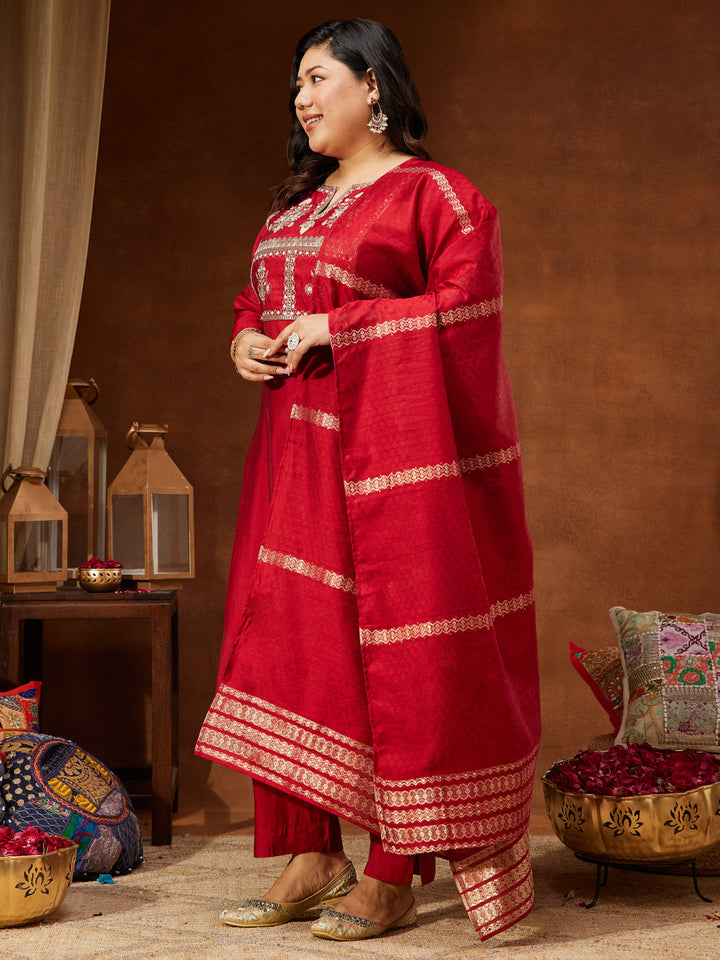 Janasya Women's Maroon Chanderi Silk Yoke Embroidered Straight Kurta Set - qivii